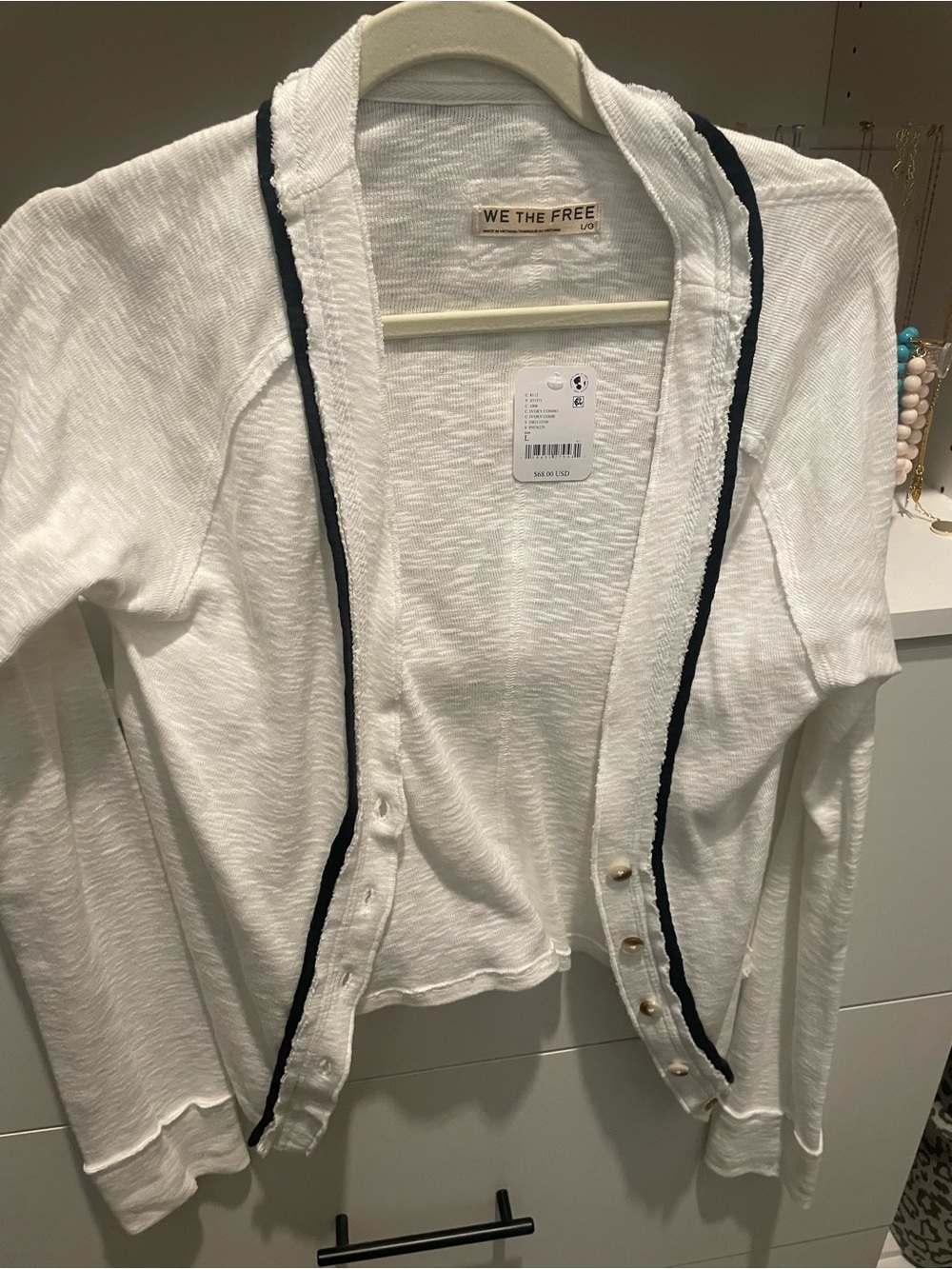We The Free ( Free People) White Cardigan with Navy Trim and Button Front